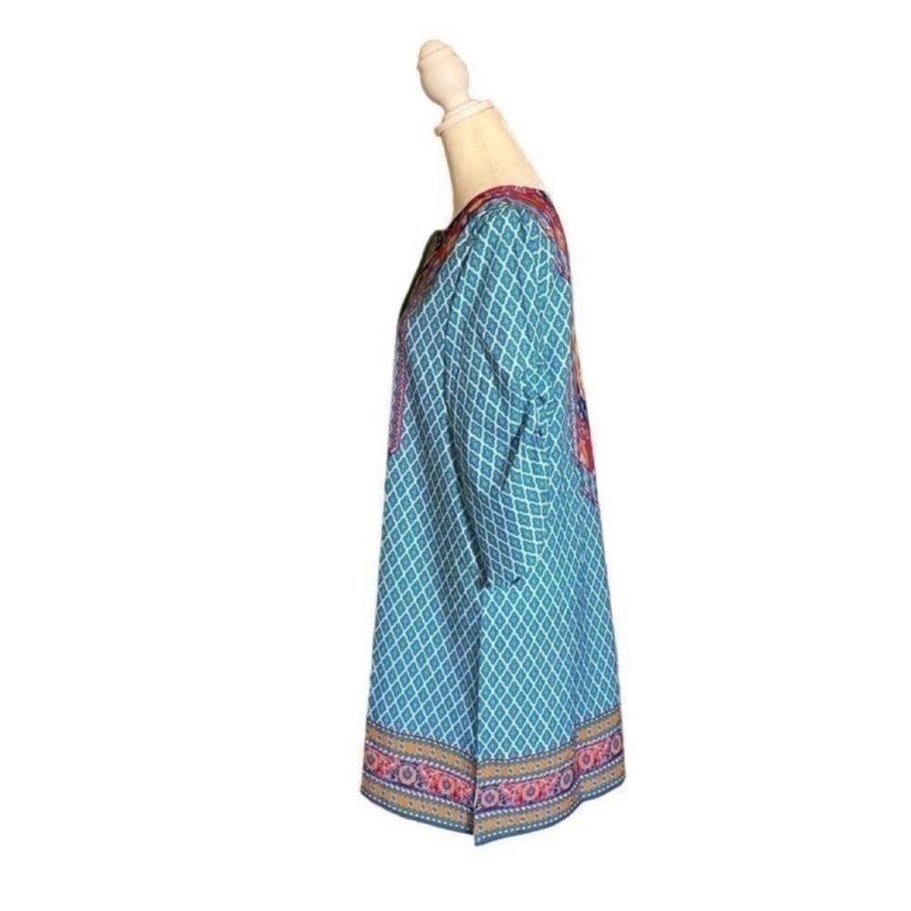 Urban Coco Blue Multicolor Ruche Sleeve Swim Coverup Dress with Tassels Medium - Picture 3 of 14